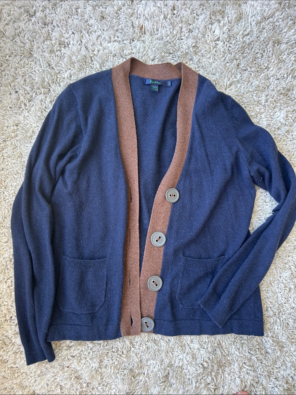 Boden Navy Blue Cardigan with Brown Trim pockets and accent buttons